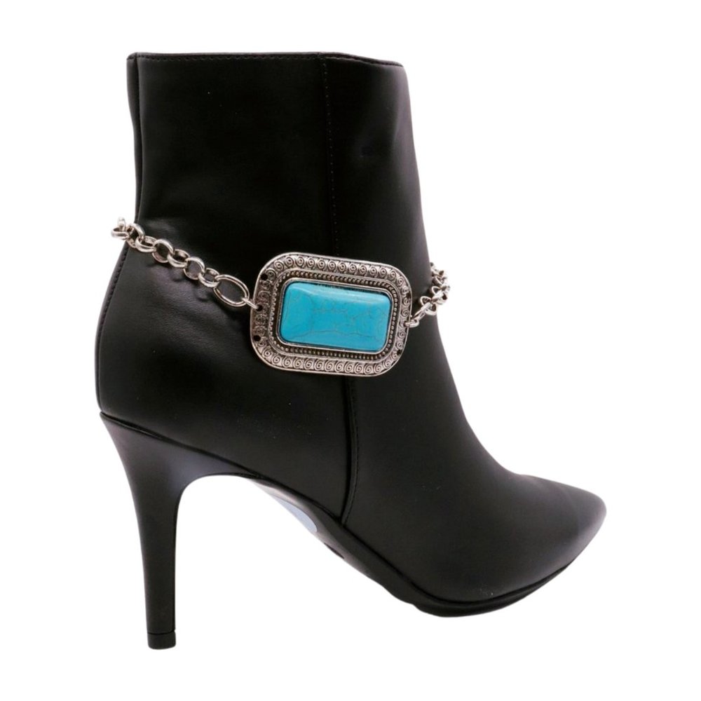 Women Silver Metal Chain Western Boot Bracelet Anklet Shoe Turquoise Blue Charm